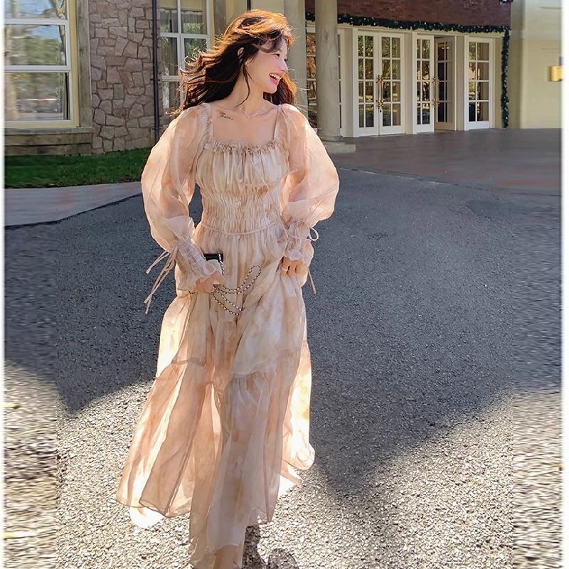 飄逸雪紡法式方領泡泡袖長洋 碎花初戀風顯瘦雪紡裙