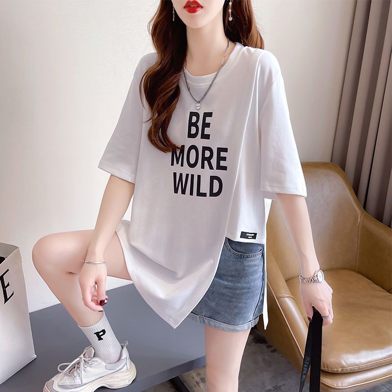 大尺碼字母不對稱開衩短袖T恤 棉花糖女孩寬鬆顯瘦上衣