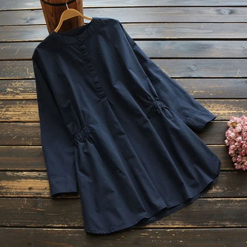 高腰剪裁長袖襯衫 遮小腹顯瘦收腰設計 逆齡感立領氣質上衣