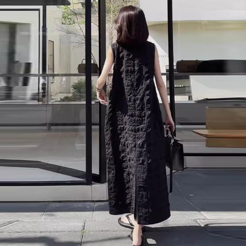 法式圓領無袖背心連身裙 氣質小黑裙寬鬆壓褶長洋