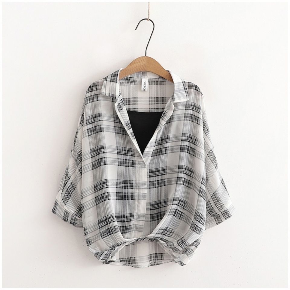 韓系格紋豹紋罩衫兩件組 冷氣房抗凍雪紡蝙蝠袖+防走光背心