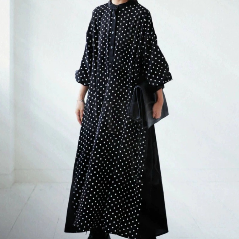 波點日系長洋 簡約清爽長袖拼接波點圖案連身裙