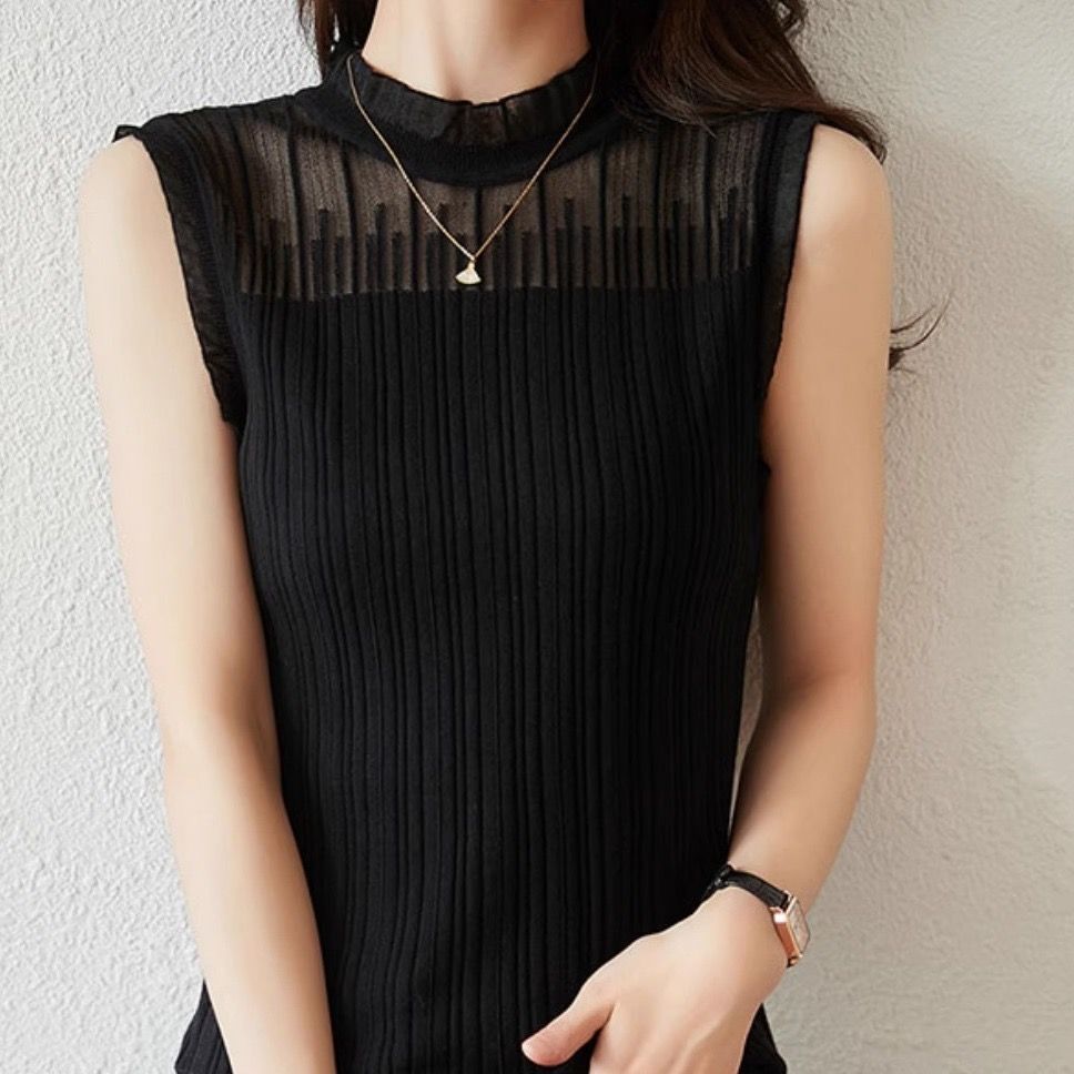 蕾絲拼接小高領無袖針織上衣 西裝內搭首選