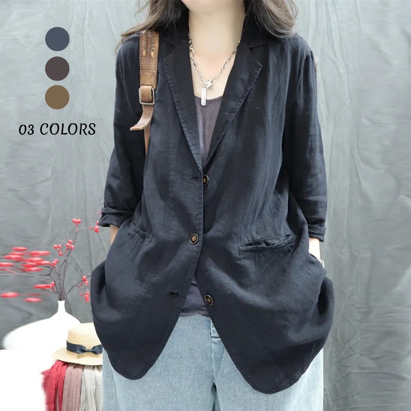 棉麻小西裝外套 春秋薄款 寬鬆版 文青復古 好搭休閒