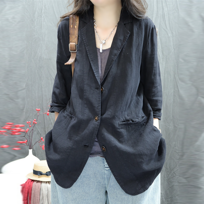 棉麻小西裝外套 春秋薄款 寬鬆版 文青復古 好搭休閒