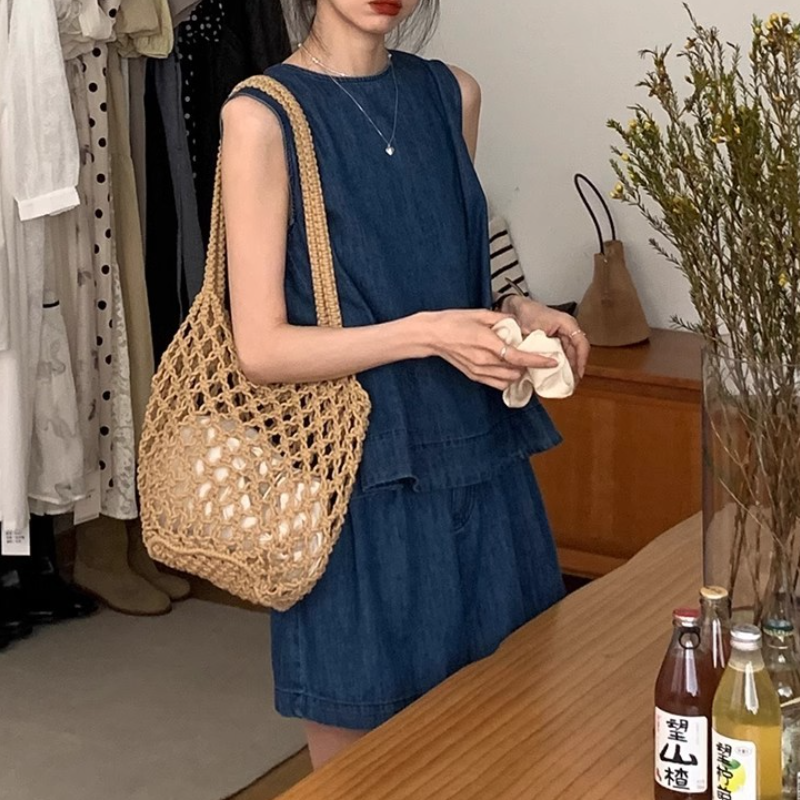 牛仔顯瘦組合 冰氧牛仔抗熱背心+高腰短褲 兩件減齡兩件套