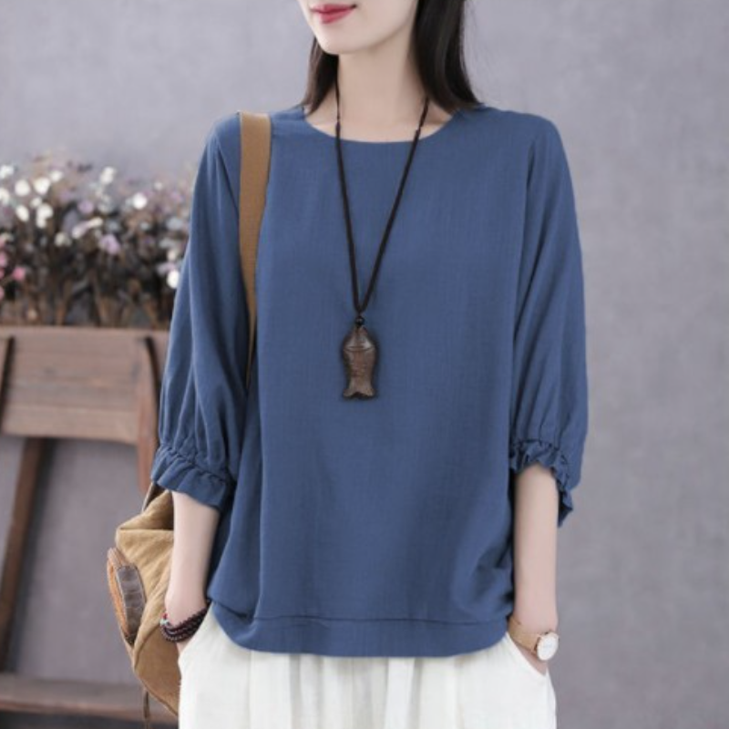 寬鬆五分袖上衣 春夏秋棉質 圓領縮口蓬袖 顯瘦百搭 外穿好搭