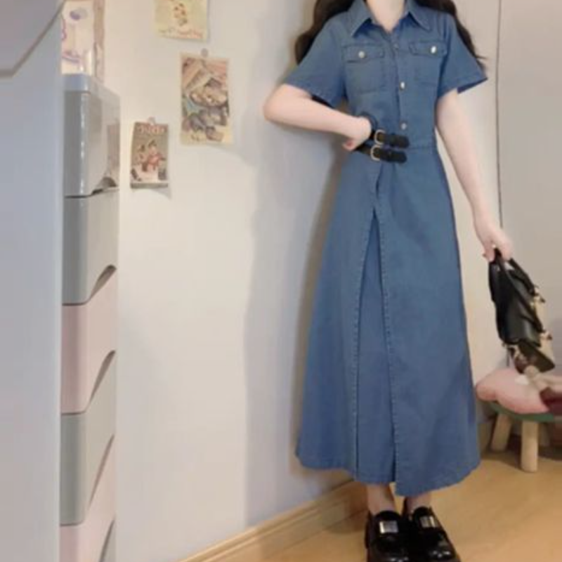 大尺碼牛仔襯衫洋裝 二合一拼接 收腰顯瘦（短版／長版可選）