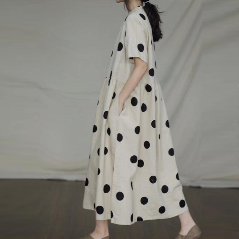 文藝復古波點棉麻長洋 大碼寬鬆棉麻連身裙 復古V領短袖棉麻長裙