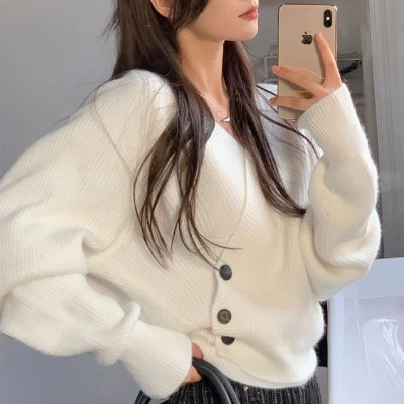 復古慵懶V領短版毛衣 秋冬設計感時尚針織上衣