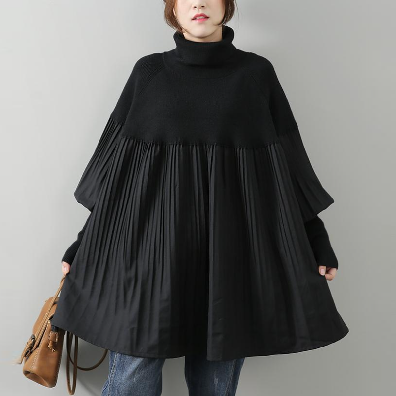 高領針織拼接百褶上衣 寬鬆剪裁 素色氣質 秋冬百搭