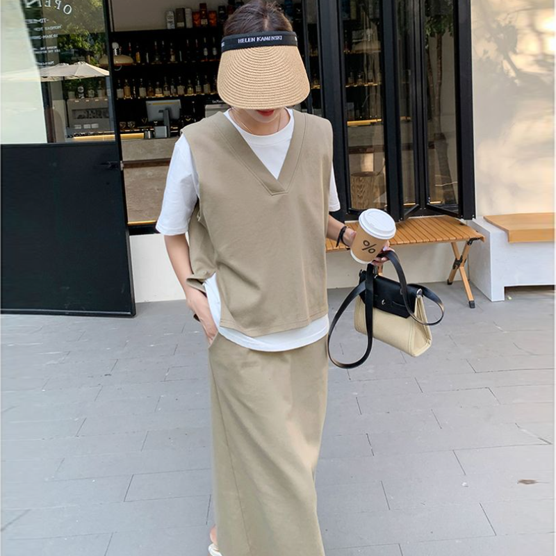 設計感兩件式套裝 V領拼接短袖T恤 配高腰中長裙 成套穿搭 顯瘦有型