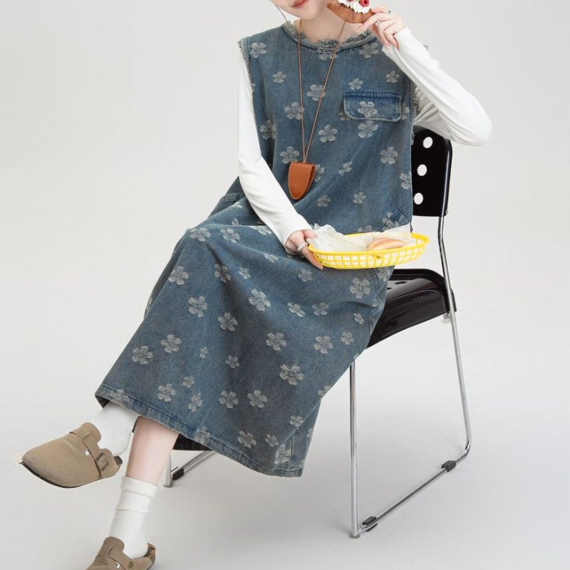 藍色丹寧碎花長版洋裝 韓系高質感 無袖背釦設計
