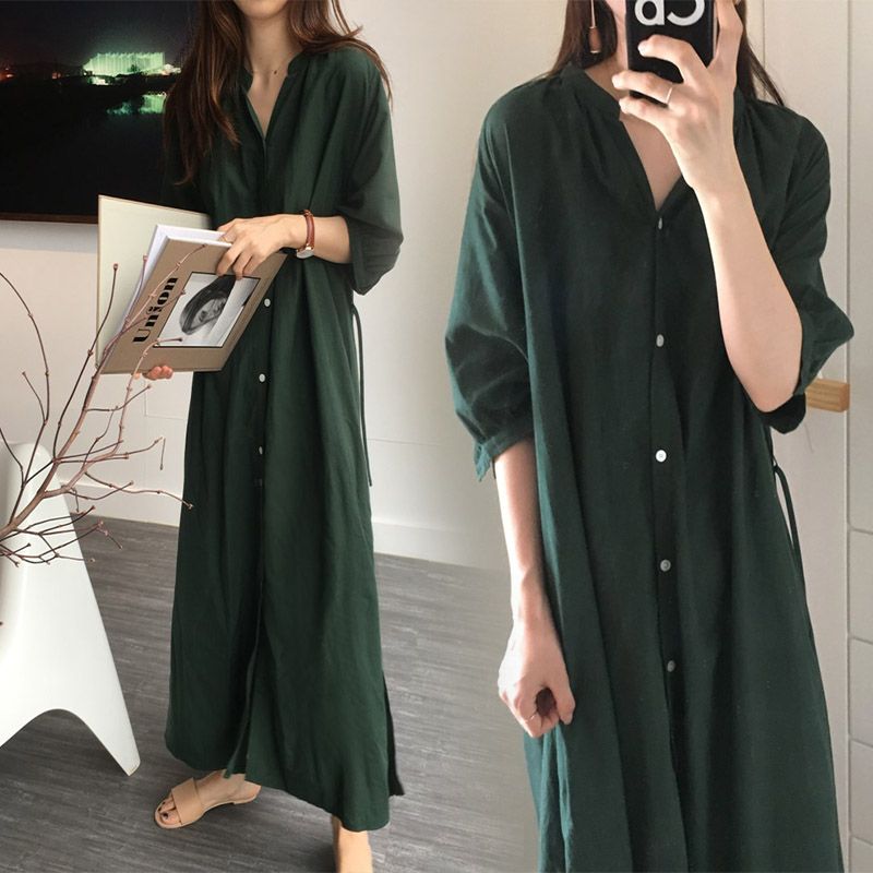 法式慵懶 古巴領五分袖連身裙 微透肌天絲棉長版罩衫 夏季冷氣房藏腰腹 獨家剪裁 早午餐微正式場合