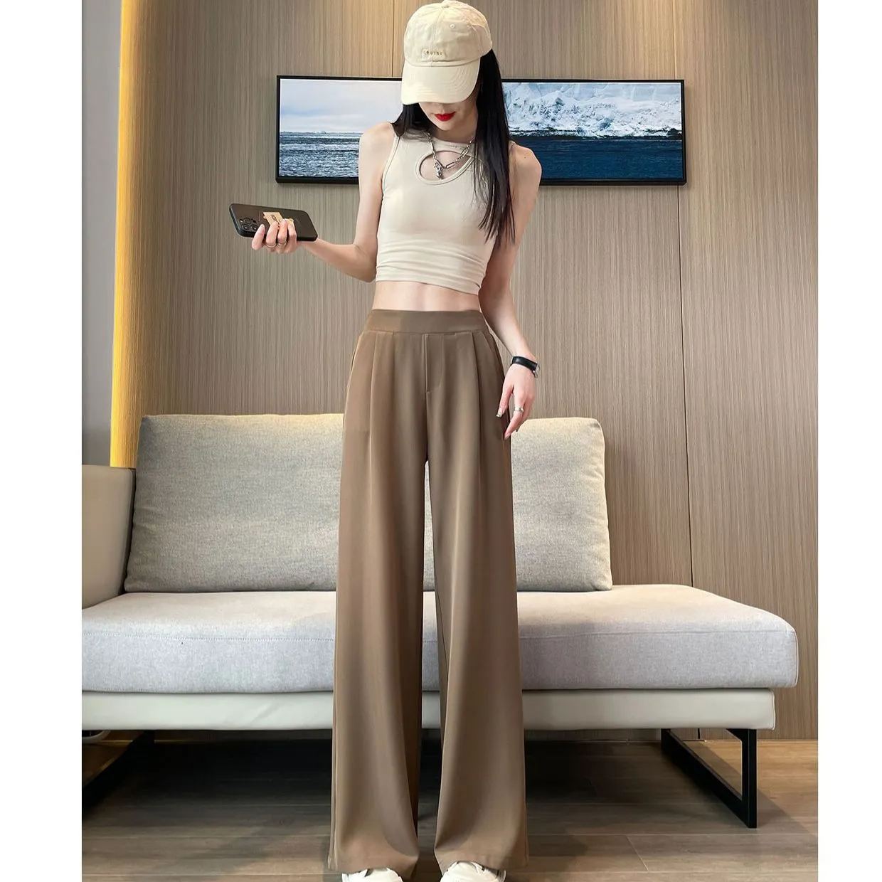 高腰垂感 優雅隨行 Korea正韓 垂感闊腿褲薄款 窄版 直筒褲 休閒褲