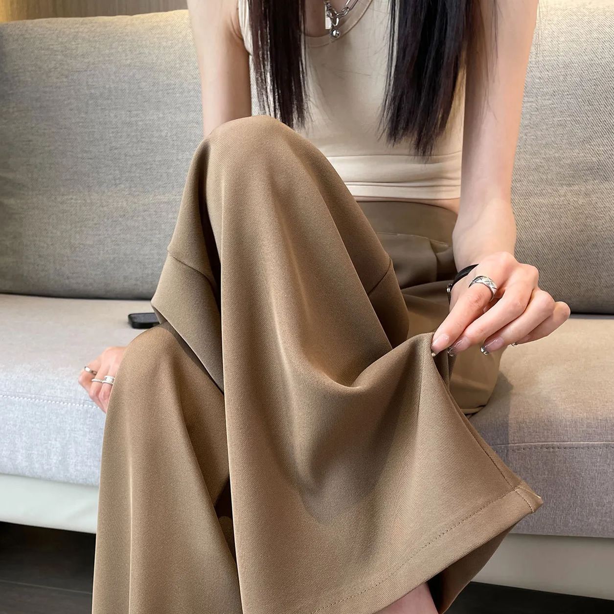 高腰垂感 優雅隨行 Korea正韓 垂感闊腿褲薄款 窄版 直筒褲 休閒褲