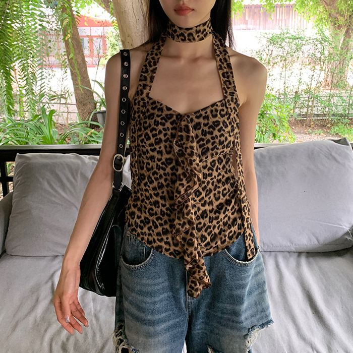 野性魅影 辣妹風豹紋露背掛脖上衣 吊帶小背心
