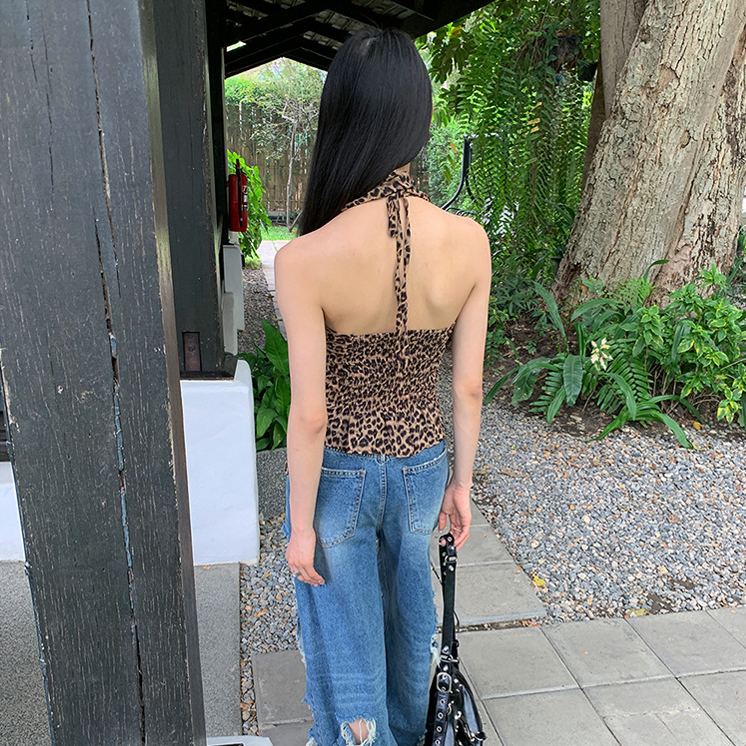 野性魅影 辣妹風豹紋露背掛脖上衣 吊帶小背心