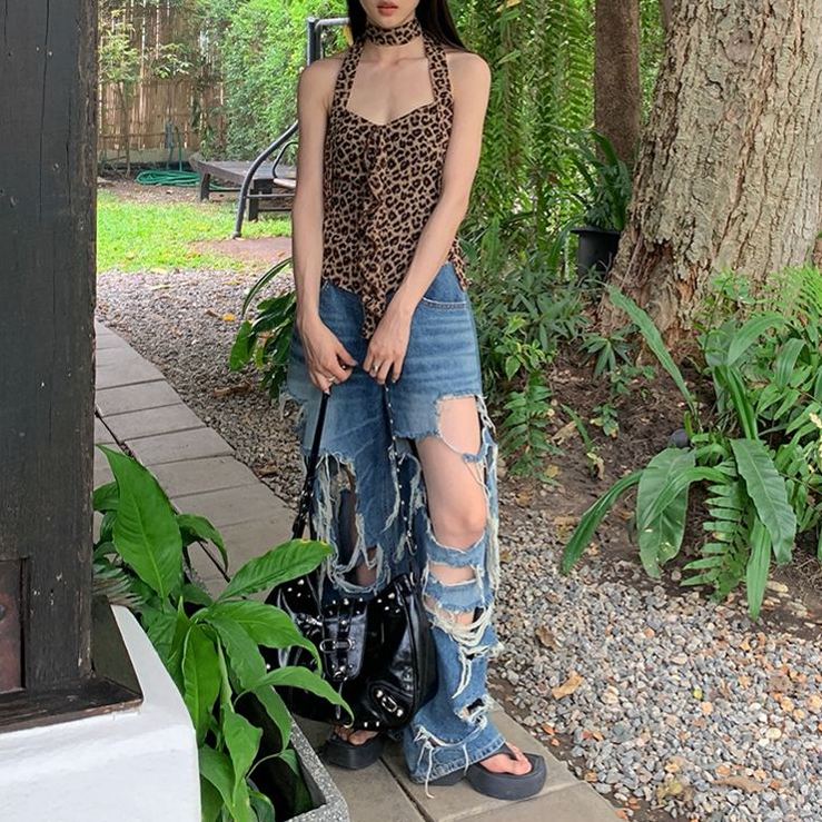 野性魅影 辣妹風豹紋露背掛脖上衣 吊帶小背心