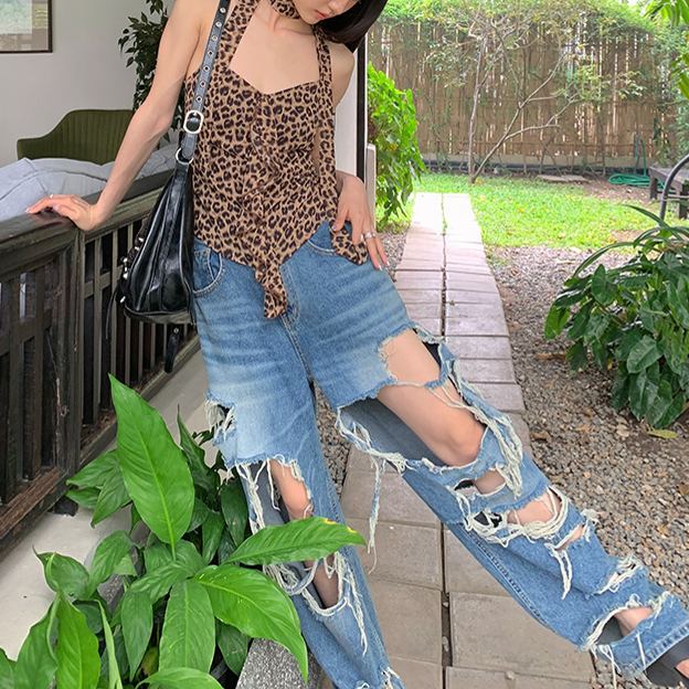 野性魅影 辣妹風豹紋露背掛脖上衣 吊帶小背心