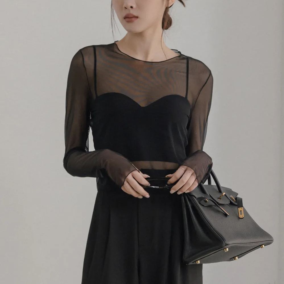 透膚細網長袖上衣 百搭防曬