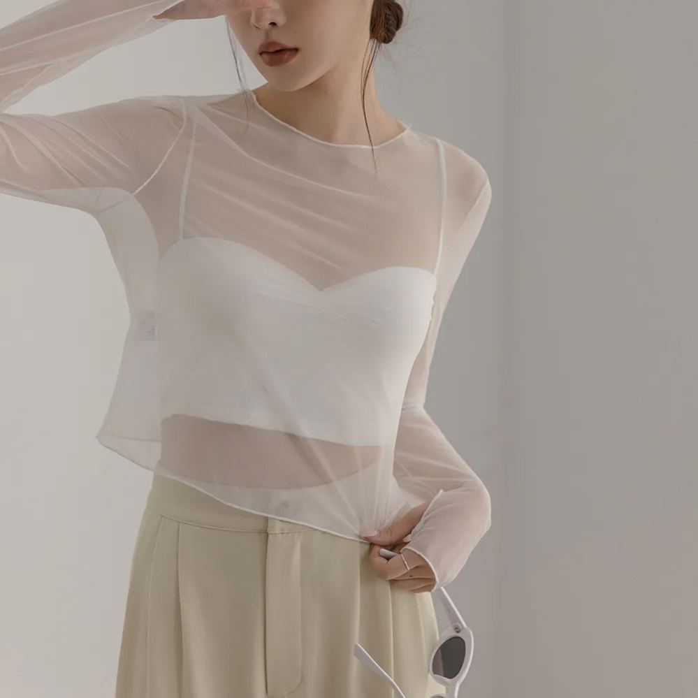 透膚細網長袖上衣 百搭防曬