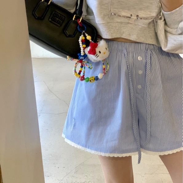 韓國正連線 夏日晚風 條紋蕾絲花邊抽繩短褲
