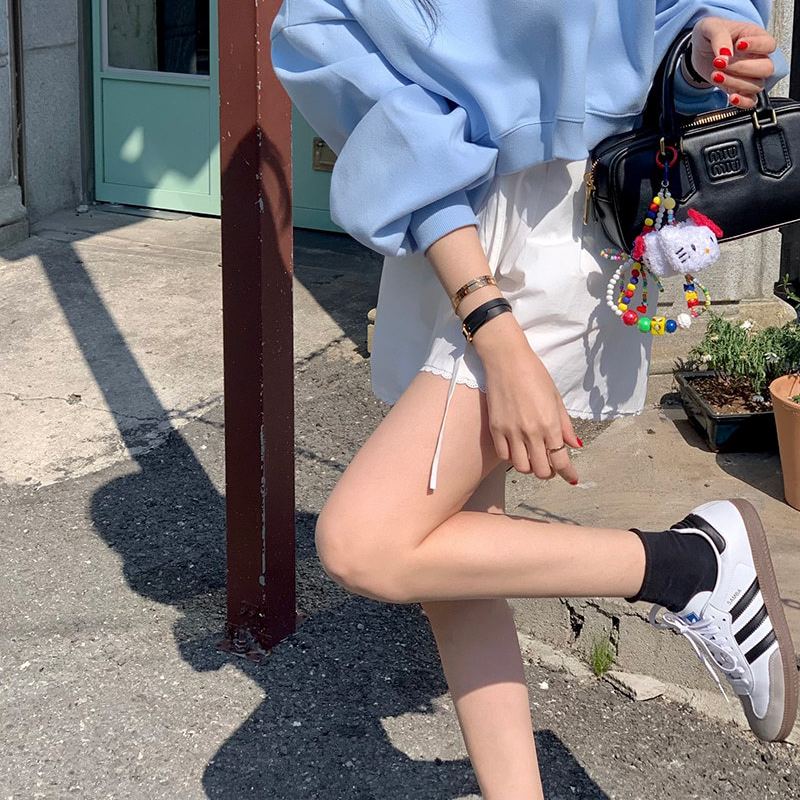 韓國正連線 夏日晚風 條紋蕾絲花邊抽繩短褲