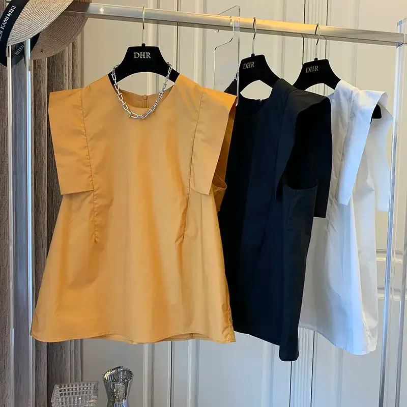 時髦率性 甜美系 純色 拼接 飛袖 無袖 圓領 襯衫