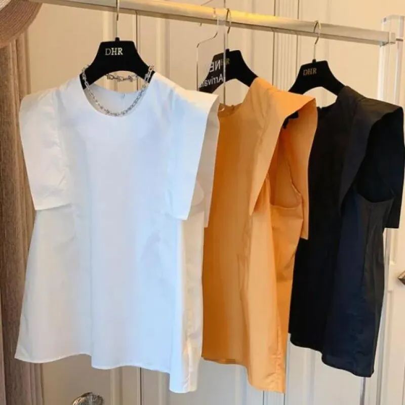 時髦率性 甜美系 純色 拼接 飛袖 無袖 圓領 襯衫