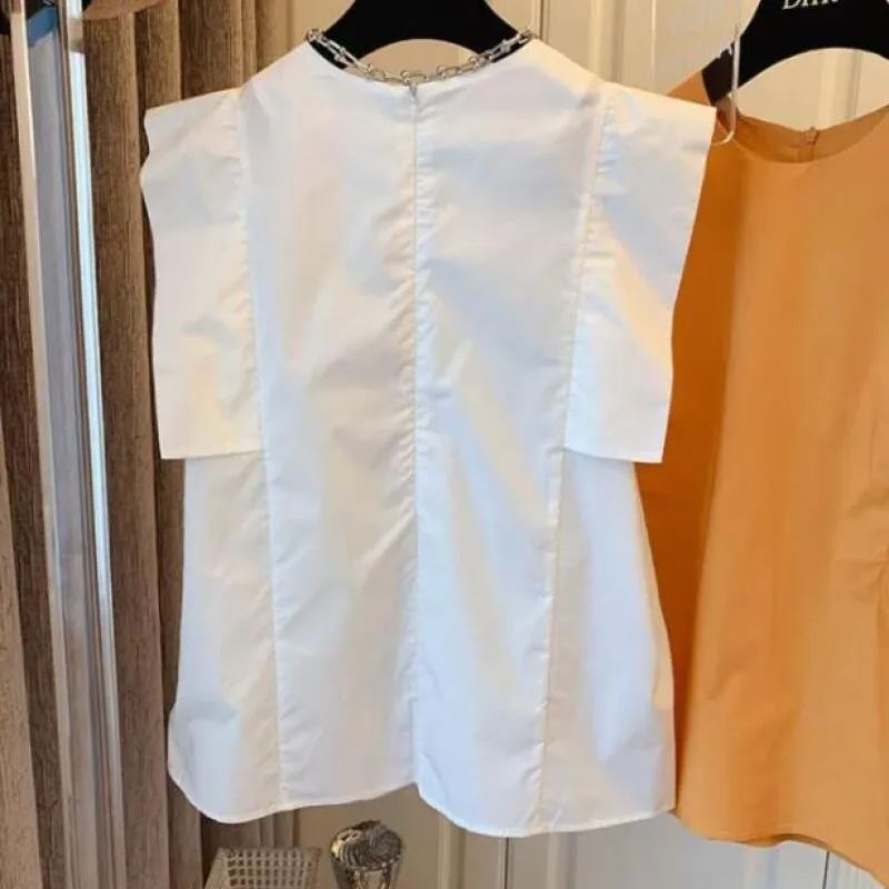 時髦率性 甜美系 純色 拼接 飛袖 無袖 圓領 襯衫