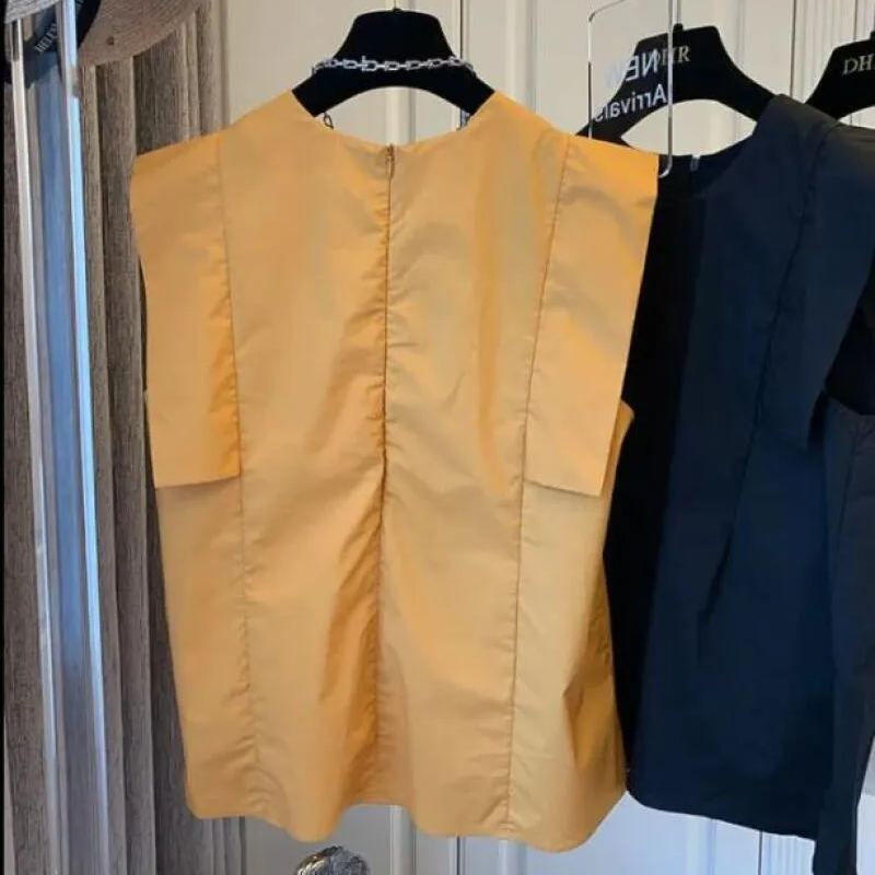 時髦率性 甜美系 純色 拼接 飛袖 無袖 圓領 襯衫