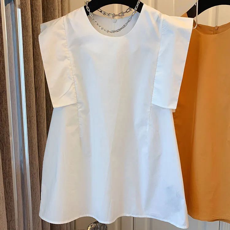 時髦率性 甜美系 純色 拼接 飛袖 無袖 圓領 襯衫