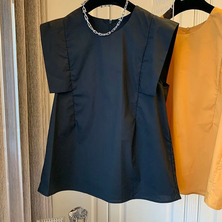 時髦率性 甜美系 純色 拼接 飛袖 無袖 圓領 襯衫