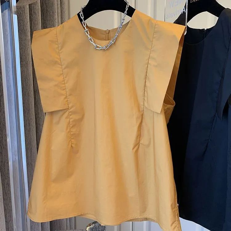 時髦率性 甜美系 純色 拼接 飛袖 無袖 圓領 襯衫