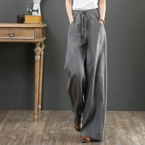 簡約好搭 純色 高腰 直筒褲 大尺碼 寬鬆 棉麻 寬褲
