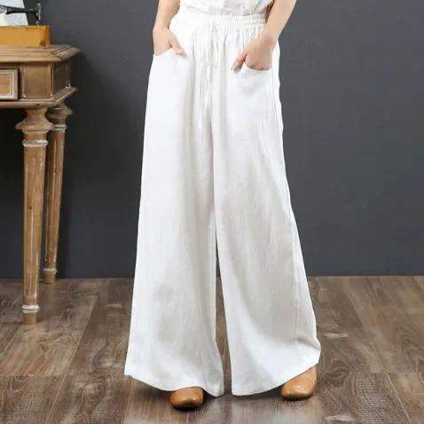 簡約好搭 純色 高腰 直筒褲 大尺碼 寬鬆 棉麻 寬褲