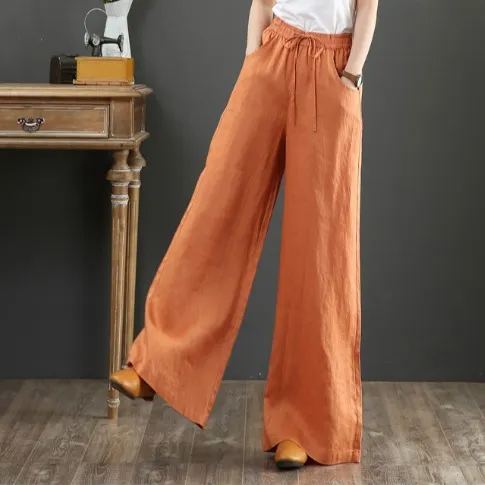 簡約好搭 純色 高腰 直筒褲 大尺碼 寬鬆 棉麻 寬褲