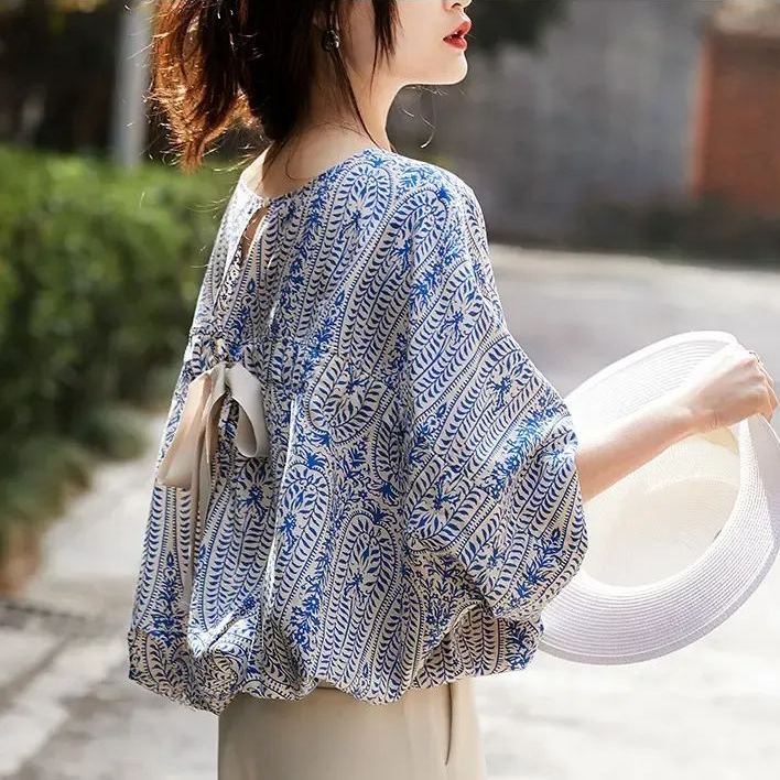 出遊必備 清新 背部蝴蝶結 寬鬆 顯瘦 圓領 七分袖 襯衫