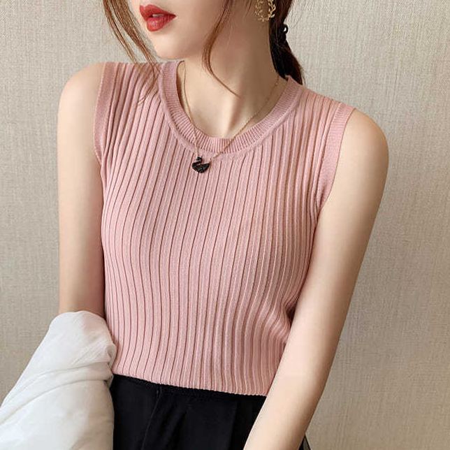 超高C/P值 百搭小可愛 外穿背心 緊身短款小吊帶冰絲薄款針織衫無袖上衣