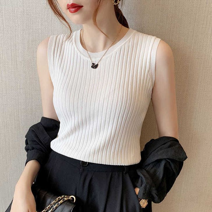 超高C/P值 百搭小可愛 外穿背心 緊身短款小吊帶冰絲薄款針織衫無袖上衣