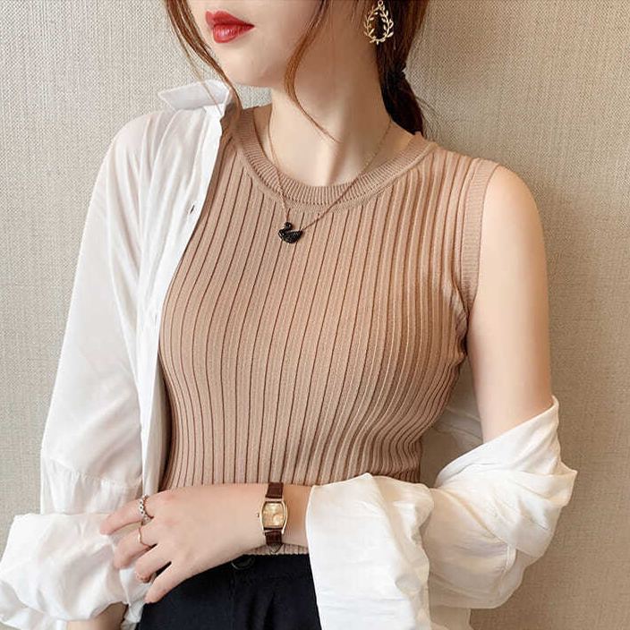 超高C/P值 百搭小可愛 外穿背心 緊身短款小吊帶冰絲薄款針織衫無袖上衣