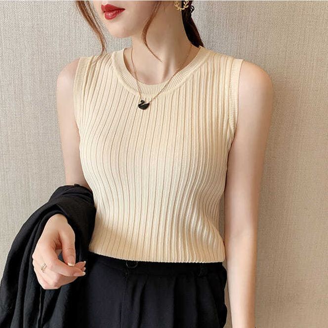 超高C/P值 百搭小可愛 外穿背心 緊身短款小吊帶冰絲薄款針織衫無袖上衣