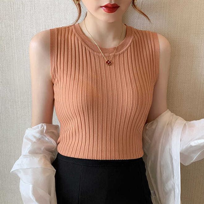 超高C/P值 百搭小可愛 外穿背心 緊身短款小吊帶冰絲薄款針織衫無袖上衣