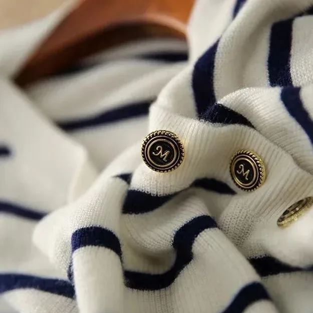 法式氣質 條紋 排扣 寬鬆 短袖 百搭 針織 T恤