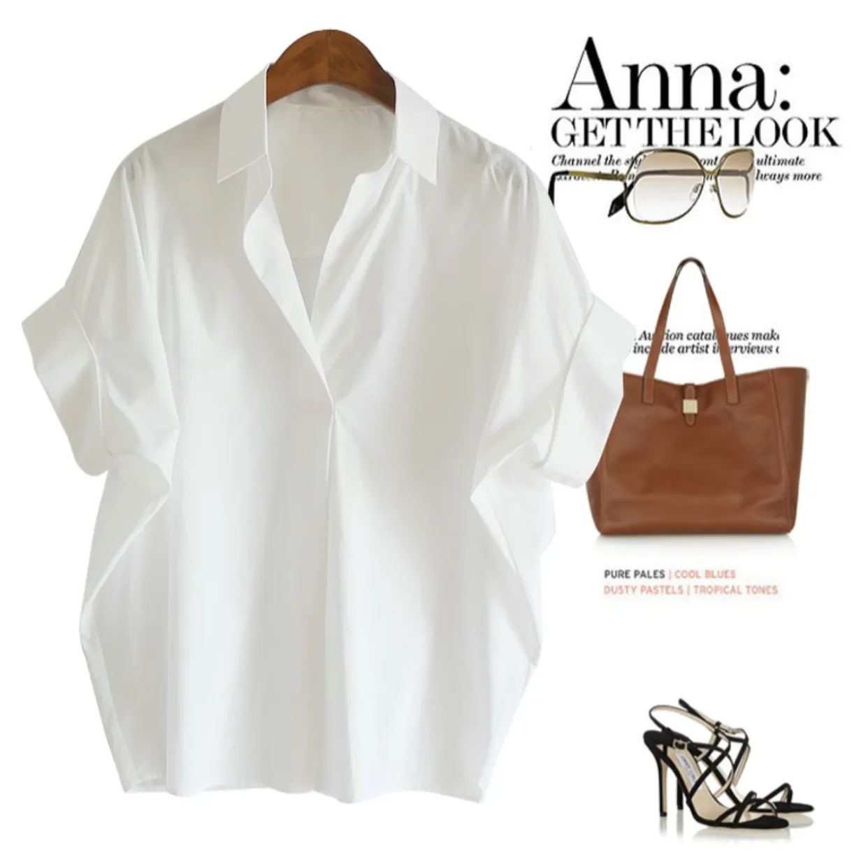 復古夏日V領 蝙蝠袖 通勤顯瘦寬鬆氣質襯衫