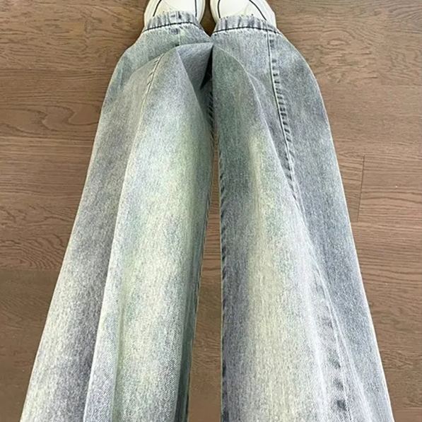 復古 高腰顯瘦 寬鬆 直筒 設計感 垂感 拖地褲 牛仔褲