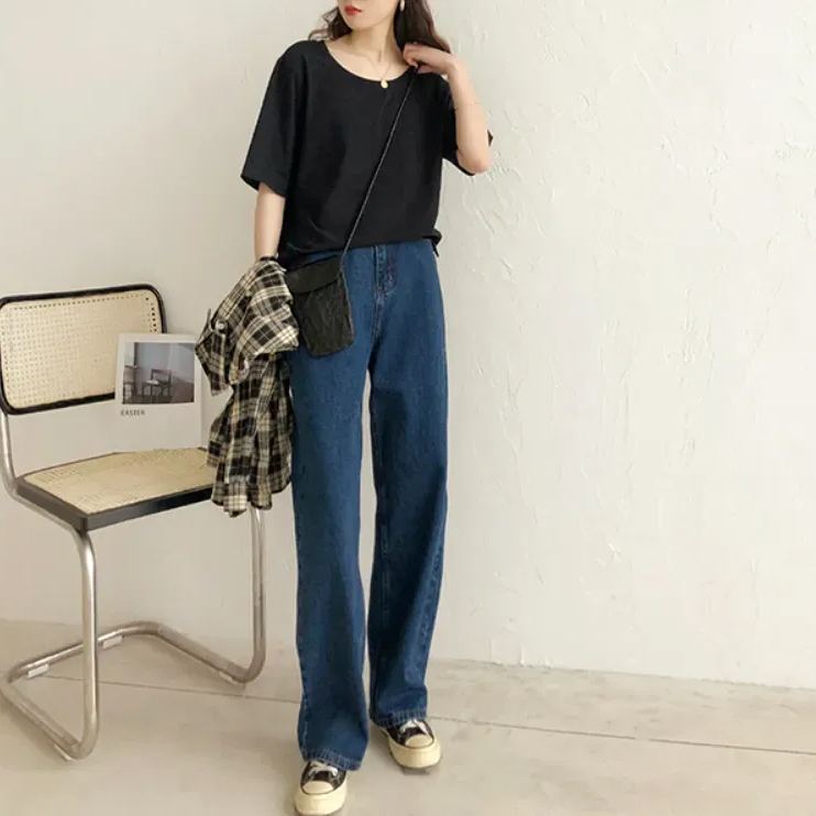 視覺系 休閑 簡約 開叉 套頭 圓領 短袖 素面 遮肉 居家 涼感 T恤