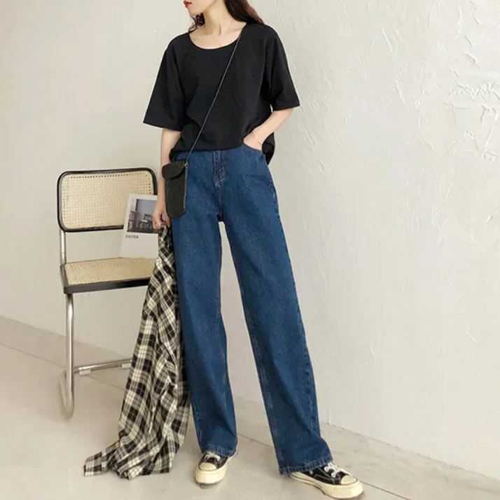 視覺系 休閑 簡約 開叉 套頭 圓領 短袖 素面 遮肉 居家 涼感 T恤