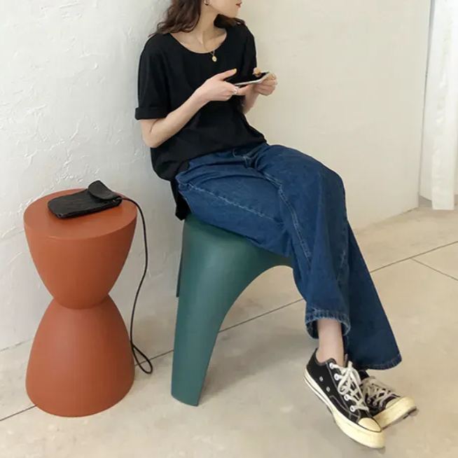 視覺系 休閑 簡約 開叉 套頭 圓領 短袖 素面 遮肉 居家 涼感 T恤